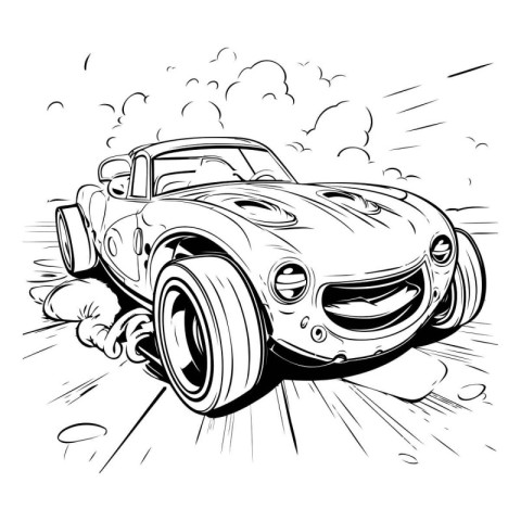 Vintage car on the road. Black and white vector illustration.