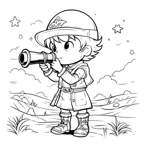 Boy scout with binoculars. Vector illustration for coloring book