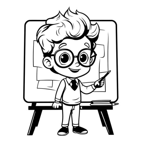 Black and White Cartoon Illustration of Cute Boy Drawing on Blac