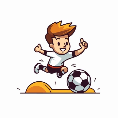 Cartoon soccer player jumping and kicking the ball. Vector illus