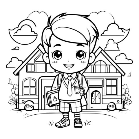 Cute little school boy cartoon in front of school building vecto