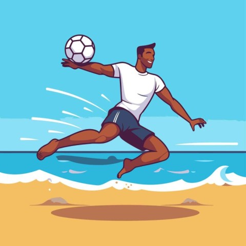 Soccer player jumping on the beach. Vector illustration in carto