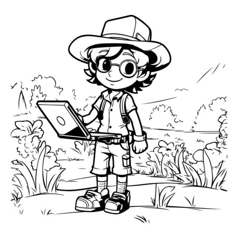 Outdoor explorer boy with laptop - black and white vector illust