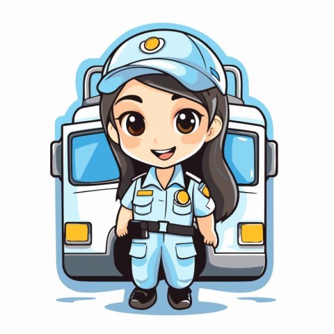 Cute little girl in police uniform with ambulance. Vector illust