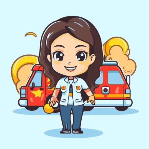 Cute girl cartoon character in police uniform and ambulance car