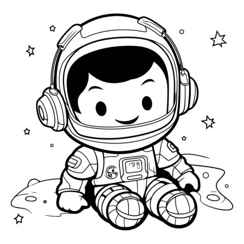 Black and White Cartoon Illustration of Kid Astronaut Character