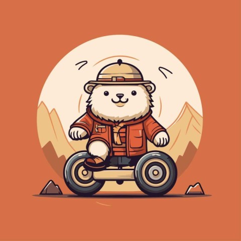 Cute cartoon bear riding a scooter on the background of mountain