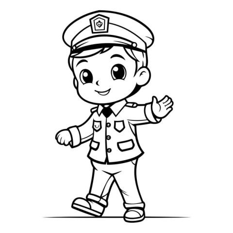 Cute boy in police uniform. Vector illustration. Coloring book