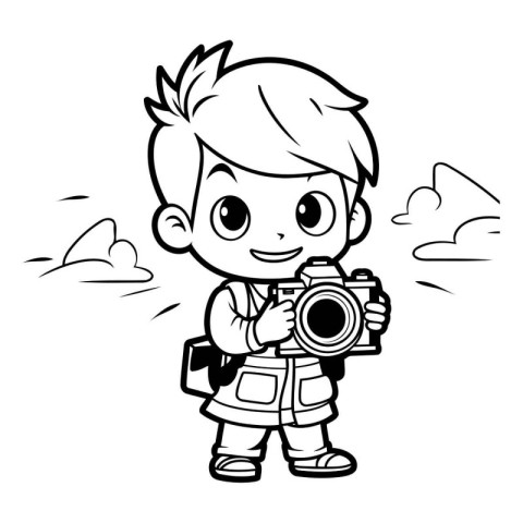 Black and White Cartoon Illustration of Kid Boy Photographer Cha