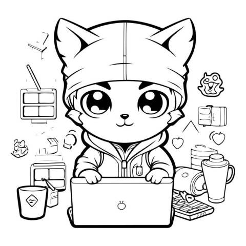 Black and White Cartoon Illustration of Cute Little Cat Characte