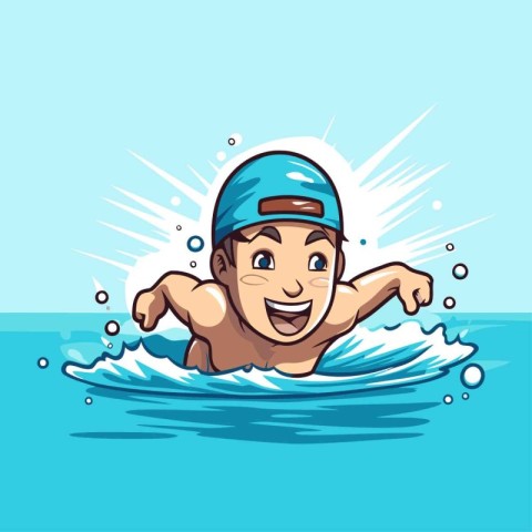 Cartoon illustration of a boy swimming in the pool. Vector illus