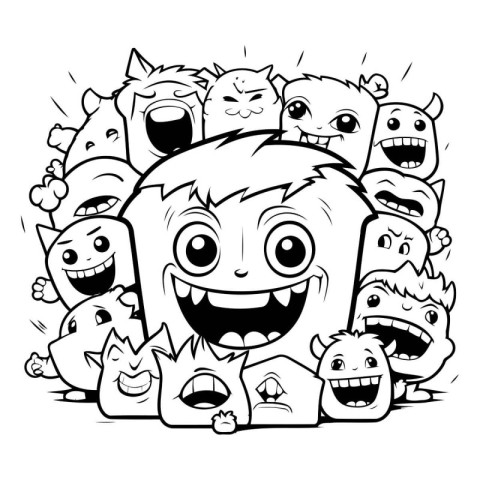 Black and White Cartoon Illustration of Funny Monsters Group for