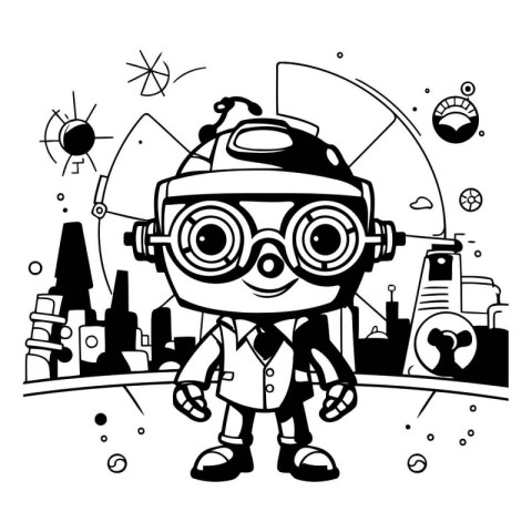 Black and White Cartoon Illustration of Cute Little Boy Astronau