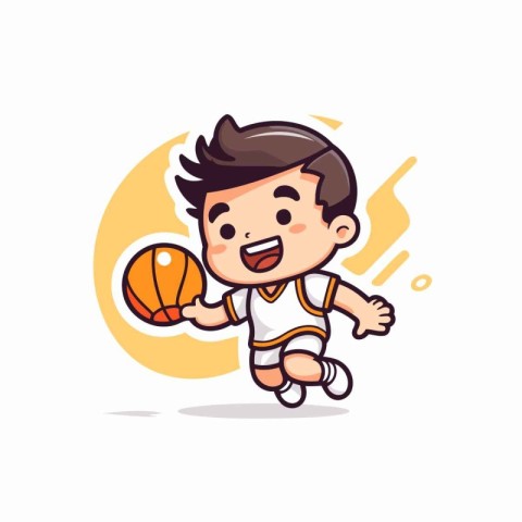 Boy playing basketball cartoon vector illustration. Cute little