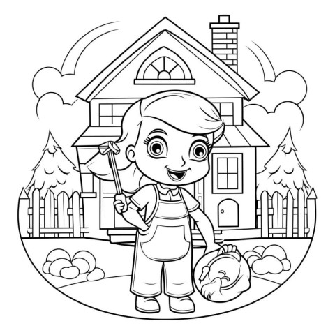 Coloring Page Outline Of a Cute Girl Holding a Shovel