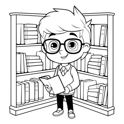 Boy with glasses reading book in library. black and white vector