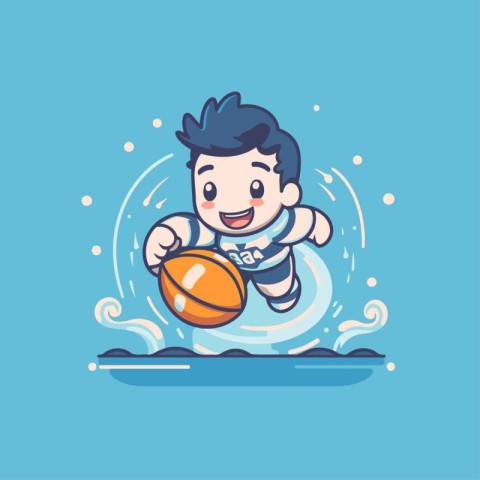 Cute boy playing with ball on the water. Vector illustration.