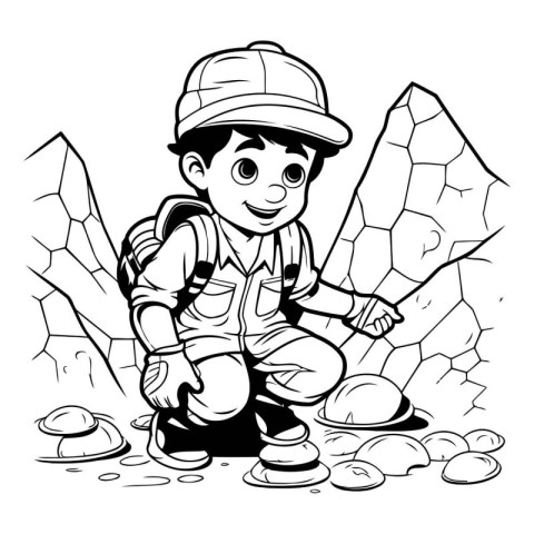 Black and White Cartoon Illustration of Kid Mining for Coloring