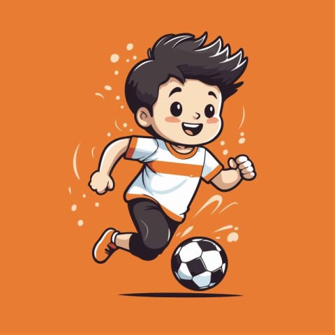 Cartoon soccer player running with ball. Vector illustration on