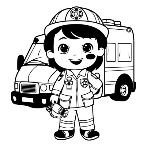 Fireman boy with fire truck and helmet cartoon vector illustrati