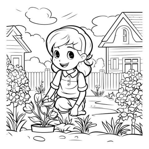 Coloring Page Outline Of a Cute Little Girl Gardening