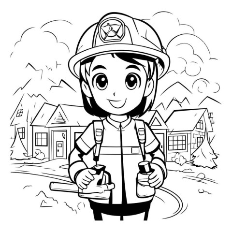 Black and White Cartoon Illustration of a Firefighter or Fireman