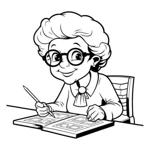 Black and White Cartoon Illustration of Grandmother Reading a Bo