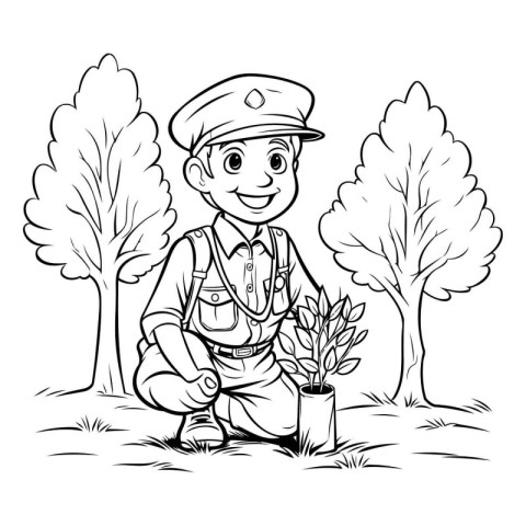 Coloring book for children - Boy scout with a plant in a pot