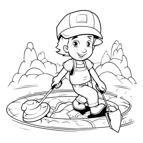 Coloring Page Outline Of a Cute Little Boy Kayaking