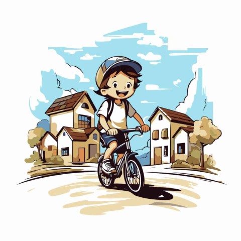 Boy riding a bicycle in the village. Vector illustration of a bo