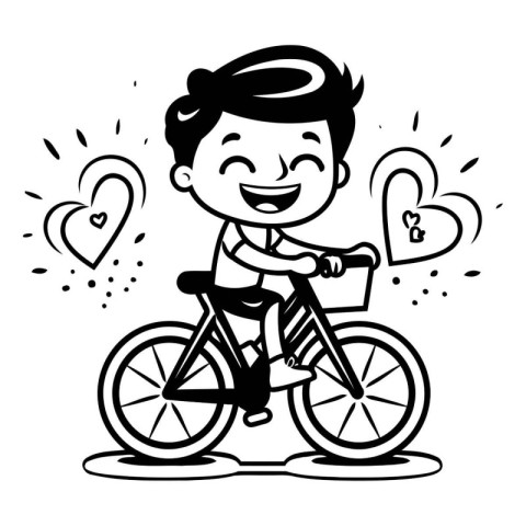 Black and White Cartoon Illustration of a Boy Riding a Bicycle a