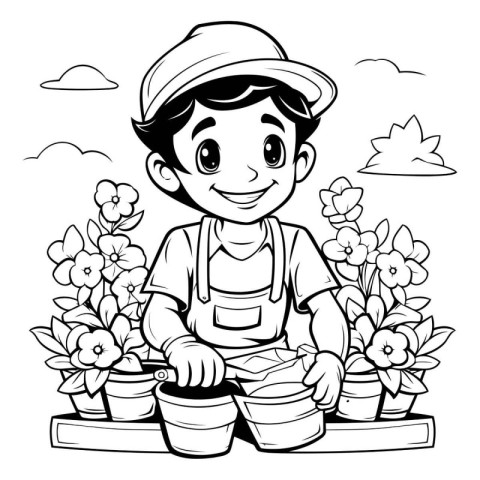 Black and White Cartoon Illustration of Kid Gardener Planting Fl