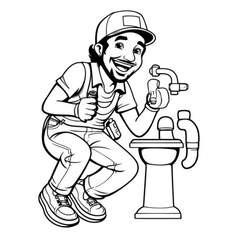 Plumber. Black and White Cartoon Illustration for Coloring Book