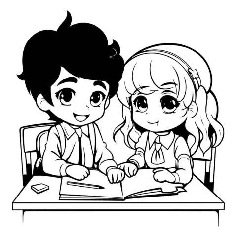 Black and white illustration of a boy and girl sitting at the de