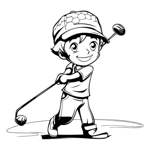 Illustration of a Little Boy Playing Golf - Black and White Cart