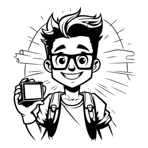 Hipster Boy with Camera. Vector illustration in black and white.