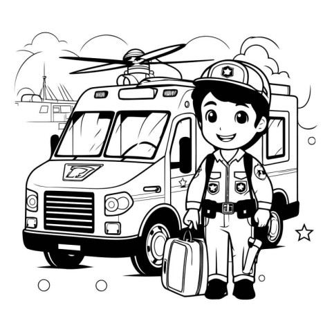 Fireman in uniform with fire truck. Vector illustration in carto