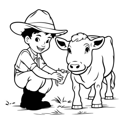 Cowboy with cow. Black and white vector illustration for colorin