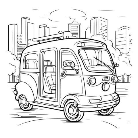 Cartoon illustration of a minibus in the city. Vector illustrati