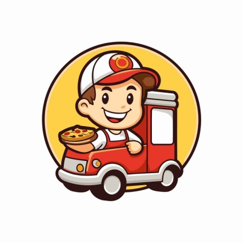 Vector illustration of a cartoon pizza delivery boy with a pizza