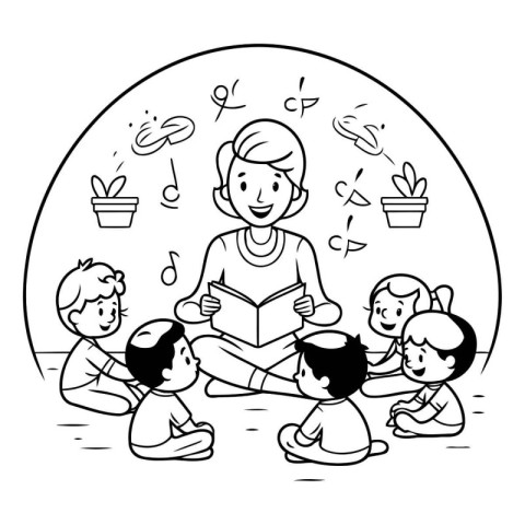 Girl reading a book to her friends. Black and white vector illus