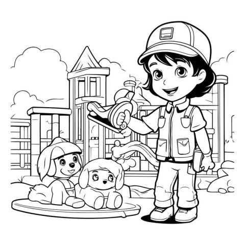 Black and White Cartoon Illustration of Kid Playing with a Dog o