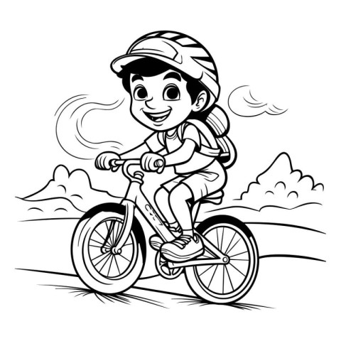 Boy riding a bicycle - black and white vector illustration for c