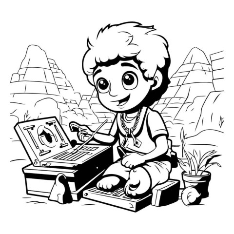 Black and White Cartoon Illustration of Kid Boy Playing Video Ga