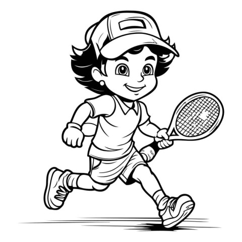 Boy playing tennis - Black and White Cartoon Illustration of a K