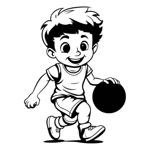 Boy playing rugby ball - Black and White Cartoon Illustration. V