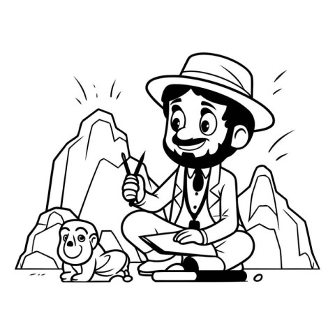 Trekking tourist with his dog. Vector illustration. Black and wh