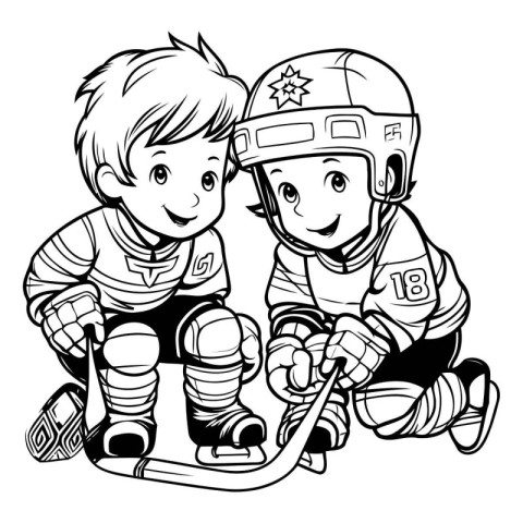 Two boys playing hockey. Black and white vector illustration for