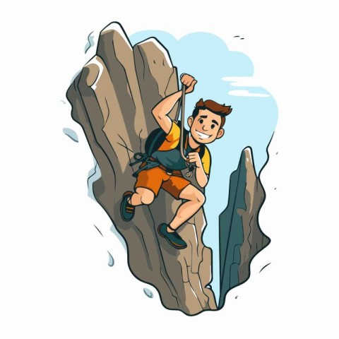 Handsome man climbing on a rock. Cartoon vector illustration.