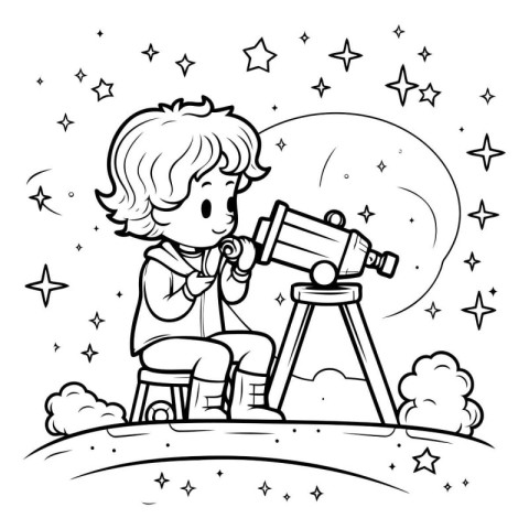 Boy using a telescope in the starry sky. Vector illustration.